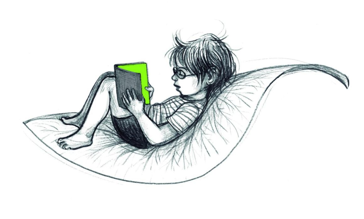 Ilustración de un niño leyendo un libro tumbado sobre una hoja, imagen asociada a las actividades de Retahílo Ediciones en el Festival LINA.