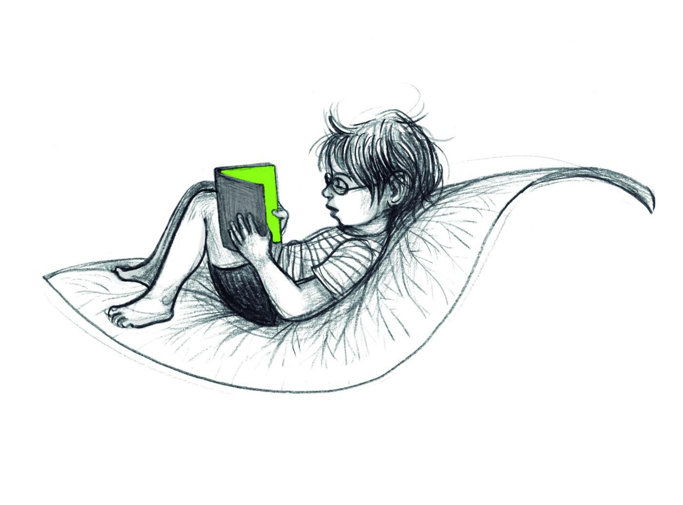 Ilustración de un niño leyendo un libro tumbado sobre una hoja, imagen asociada a las actividades de Retahílo Ediciones en el Festival LINA.