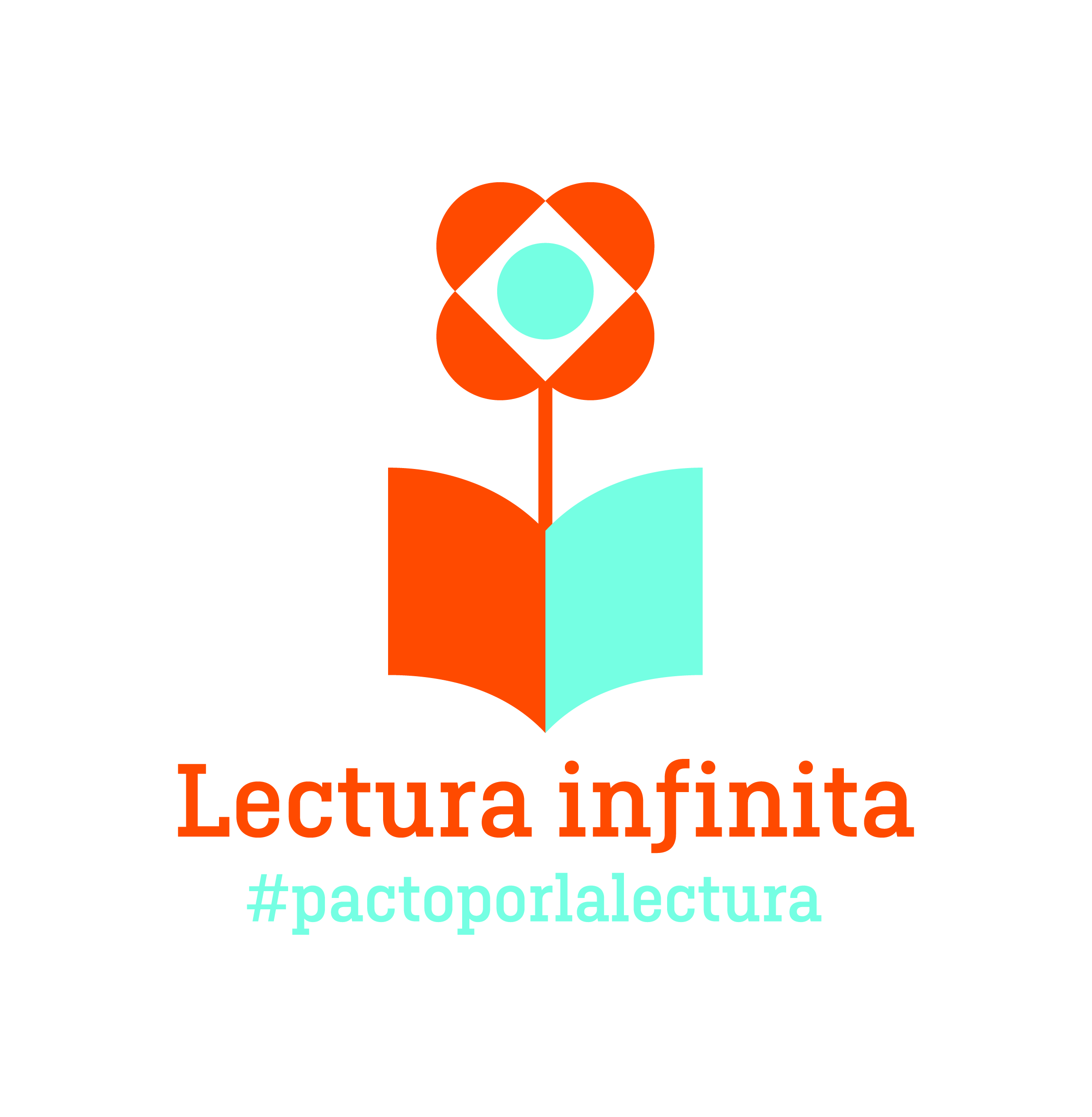Logotipo de Lectura infinita con un libro abierto y una flor geométrica en tonos naranja y turquesa sobre fondo gris claro.
